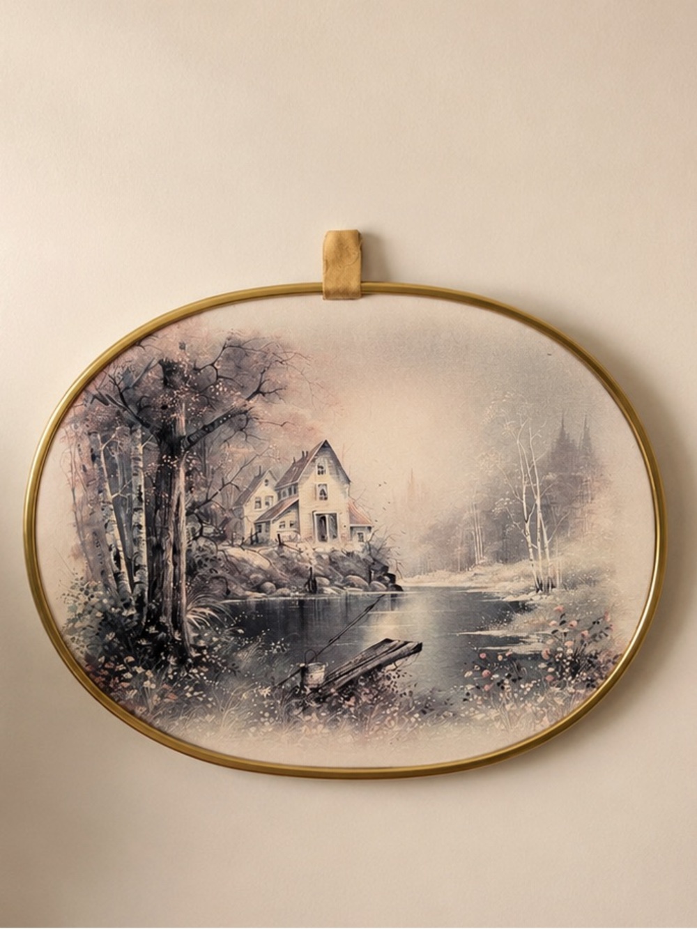 Vintage Oval Wall Art with House Scene